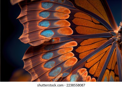  a close up of a butterfly wing with blue and orange colors on it's wings and a black background. . 