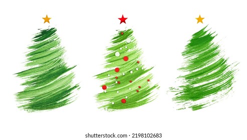 collection of three Christmas tree drawn with a brush on a white isolated background