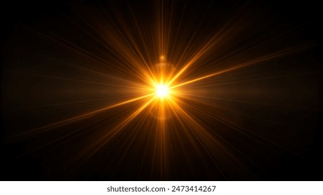 Golden beams of bright light shining on black background