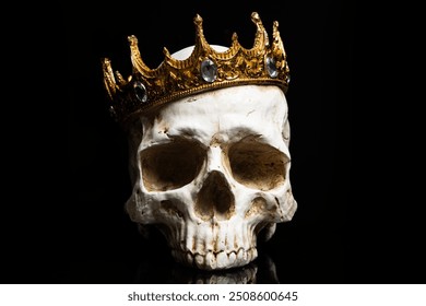An isolated front view of the skull of a king or queen monarch wearing a golden crown on a pain black background.