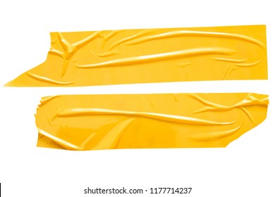 Set of yellow tapes on white background. Torn horizontal and different size yellow sticky tape, adhesive pieces.
