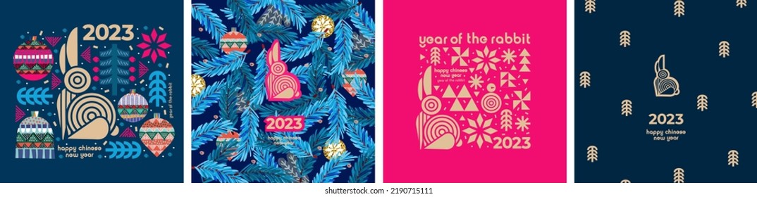 2023 is the year of the rabbit according to the Chinese calendar. Vector abstract illustrations of a rabbit, new year, Christmas tree, gifts, holiday objects. Drawings for poster, card or background