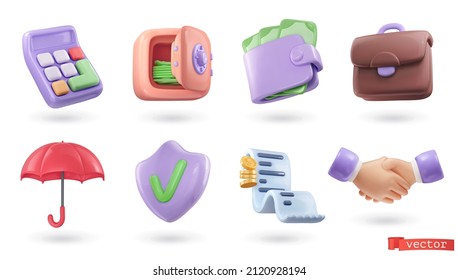 3d business icon set. Calculator, safe, wallet with money, briefcase, umbrella, shield, cash receipt, handshake. Render vector objects