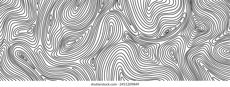 Black and white hand drawn wood annual rings texture. Wood grain texture. White vector background with wooden fibers. Wavy contour of wood trunk rings. Swirl pattern. Deformed curved lines.