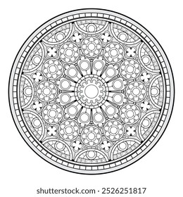Black and white page for coloring book. Drawing of Gothic rose. Stained glass window from Cathedral of Our Lady of Chartres. Medieval architecture in western Europe. Vector illustration.