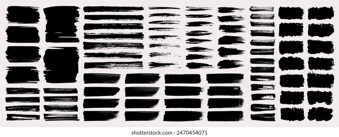 Collection of vector paint brush stroke, ink splatter, grunge line and artistic design elements. Dirty overlay, watercolor splash, black silhouette and torn paper set. Social media business banner art