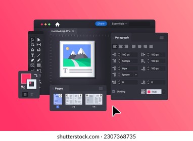 Desktop Publishing and Page Layout Design Software Application. Program for creating printed products. Vector illustration. Software for typography