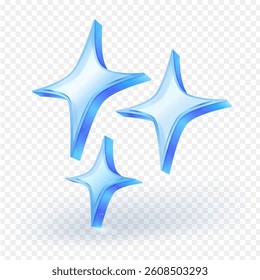 Glass blue sparkle stars icon on transparent background. shiny, glowing star effects 3D. Perfect for decoration, UI elements, magic effects. Vector illustration file.