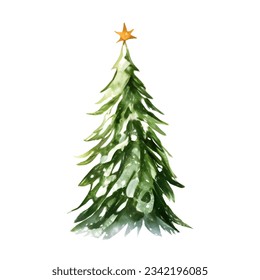Hand drawn watercolor Christmas tree decorated with gold star on top.