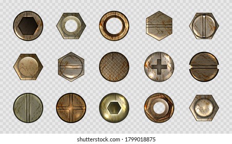Old screw and nail heads, steel metal bolts, rusty rivets hardware. Round and hexagon copper or brass caps top view isolated on transparent background. Realistic 3d vector illustration, icons set