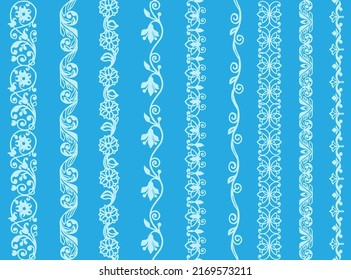 Scrapbook paper seamless borders, vintage decorative ribbons,  floral motif ethinic boarder set, wedding bands design, braid lines vector illustration.