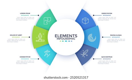Semicircular pie chart divided into 6 colorful sectors. Concept of six features of startup project to select. Minimal flat infographic vector illustration for business information visualization.