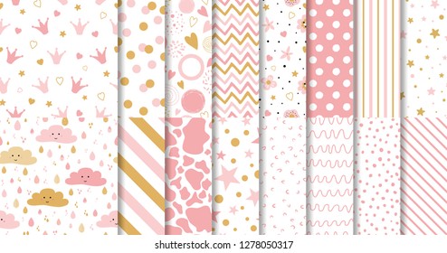 Set of cute sweet pink seamless patterns Wallpaper for little baby girl Pink dotted background collection Vector illustration Hand drawn wrap wallpaper cover fabric cloth textile naive pyjamas design.