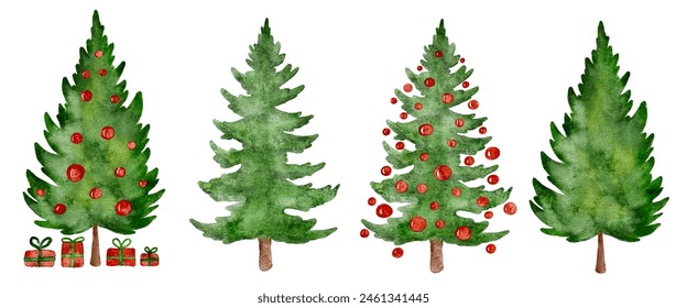 Set of hand drawn watercolor Christmas trees decorated with red gift boxes and balls. Handmade not AI