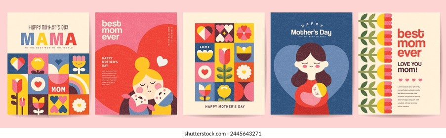 Set of Happy Mother's Day flat vector illustration in geometry style. Mom with child, flowers and abstract geometric shapes.