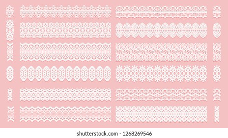 Set of lace pattern brushes. Tracery ribbons isolated on a pink background. Elements for decor scrapbooking wedding invitations and cards. Vector illustration.