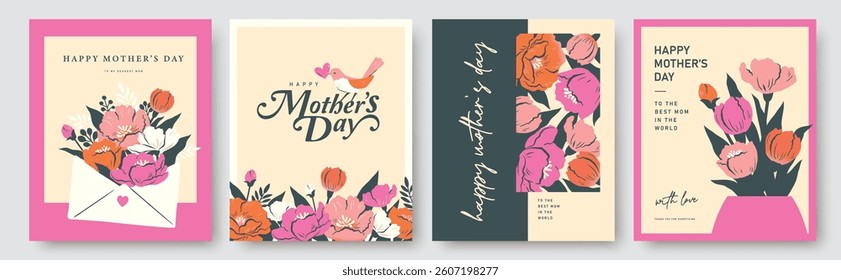 Set of Mother's Day greeting card, cover, poster, vector illustration with beautiful blossom flowers.