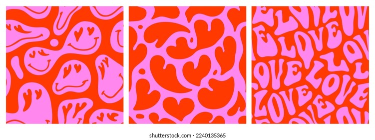 Set of retro psychedelic love seamless pattern for valentine's day holiday. Vintage trippy romantic background art collection. Wedding gift wallpaper print bundle with heart shape and text quote.