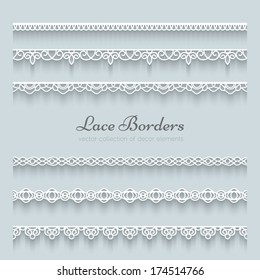 Set of white lace borders with shadow, ornamental paper lines, vector eps10