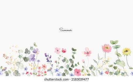 Spring and summer Background watercolor arrangements with small flower. Botanical illustration minimal style.
