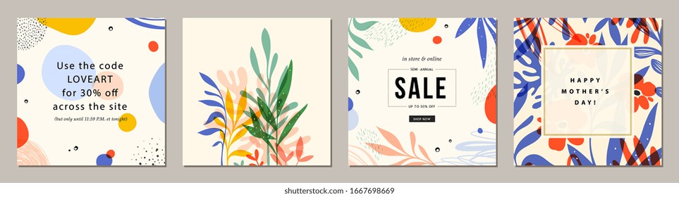 Trendy abstract square art templates with floral and geometric elements. Suitable for social media posts, mobile apps, banners design and web/internet ads. Vector fashion backgrounds.