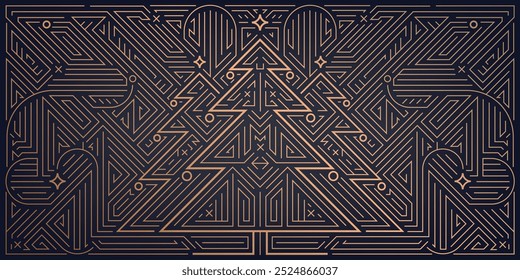 Vector line art deco card, gold luxury Christmas ornament. Linear elegant illustration, greeting geometric background