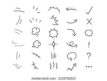 Vector set of hand-drawn cute cartoony expression sign doodle line stroke. movement drawing, curve directional arrows, emoticon effects design elements, cartoon character emotion symbols,