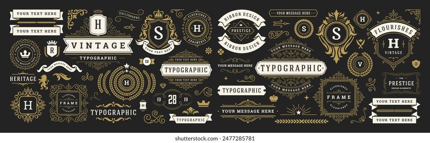 Vintage typographic decorative ornament design elements set vector illustration. Labels and badges, retro ribbons, luxury fancy logo symbols, elegant calligraphic swirls, flourishes ornate vignettes.